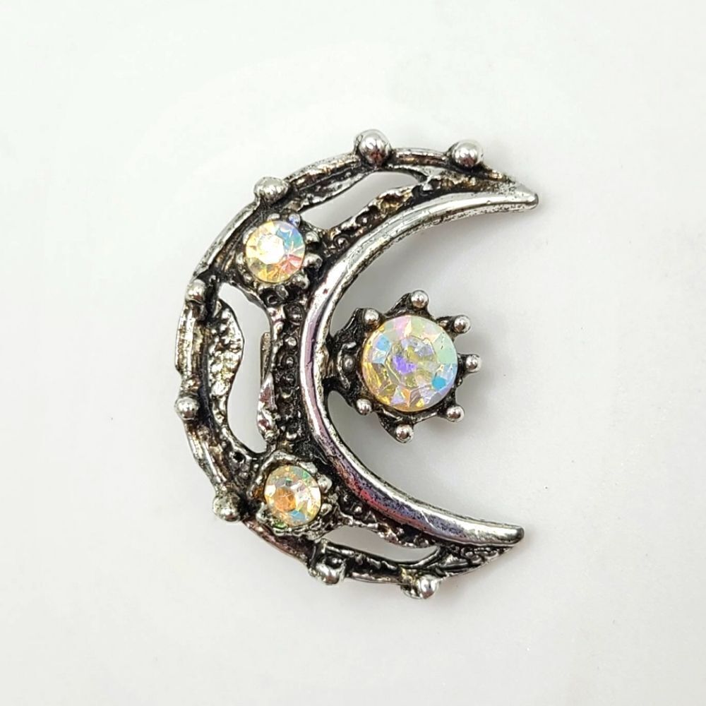 Crescent Moon Rhinestone Brooch pin, silvertone